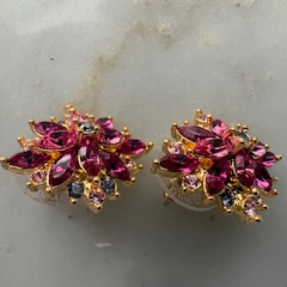 Joan Rivers stud earrings-Pink, cranberry, blue & peach crystals-Gold tone